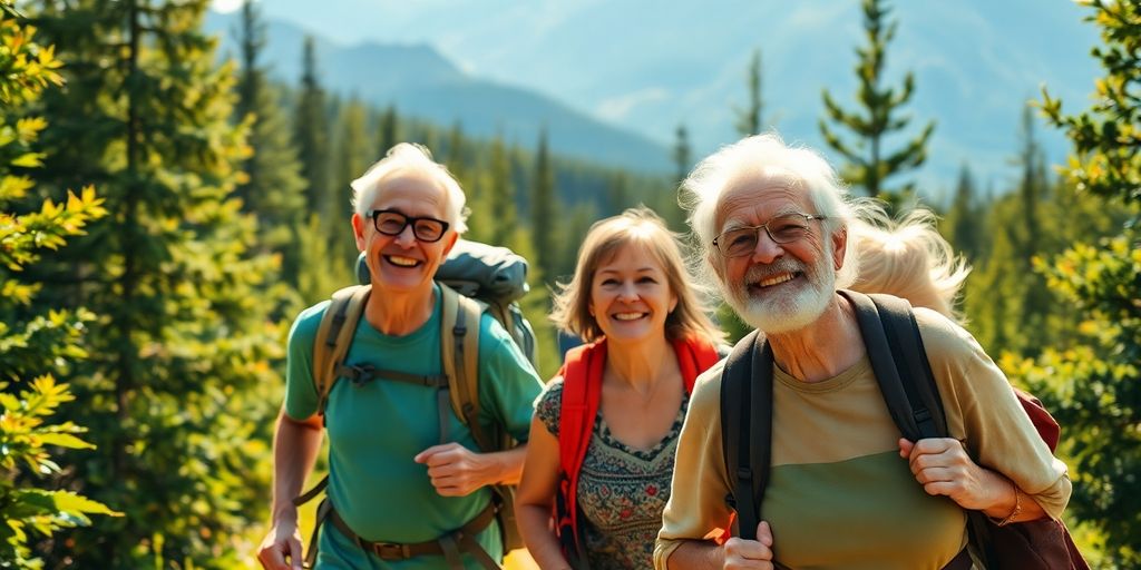 Retired nomads hiking in a sunlit forest landscape.