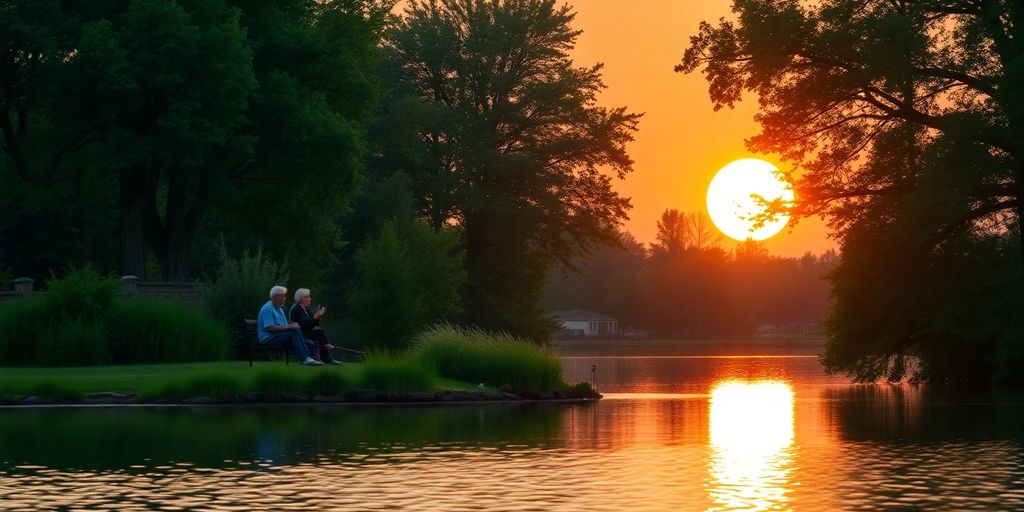 Couple fishing at sunset by a serene lake.