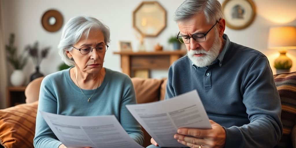 Elderly couple looking worried over financial documents.