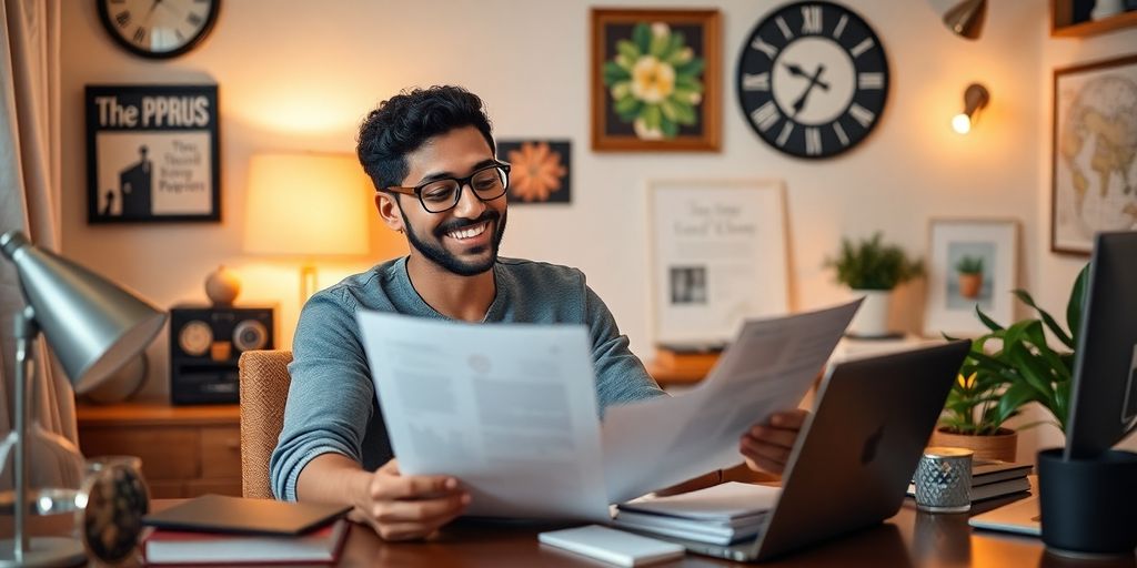 Person reviewing finances at a desk with warm lighting.