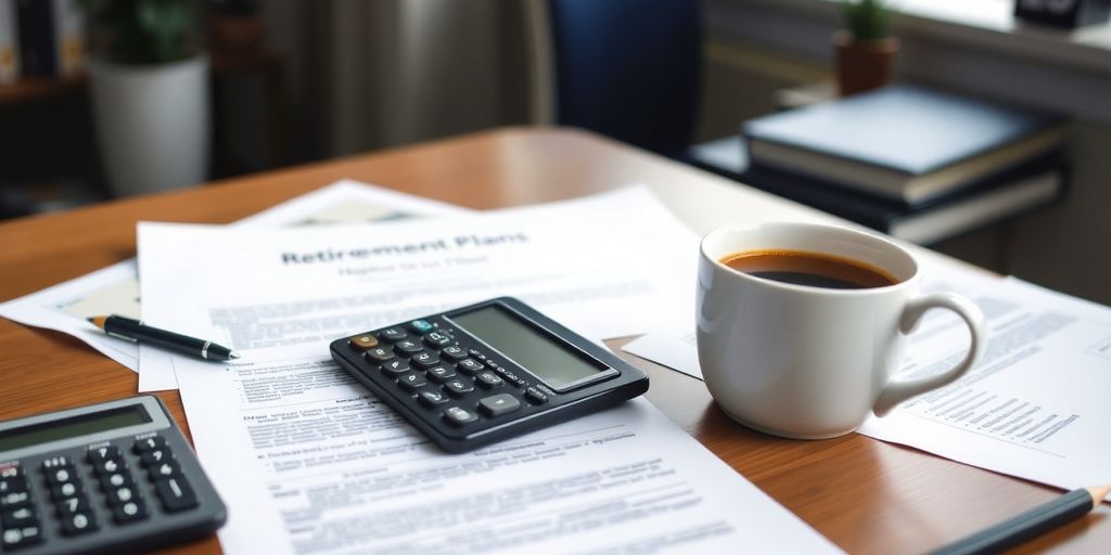 Office setup with retirement plan documents and calculator.