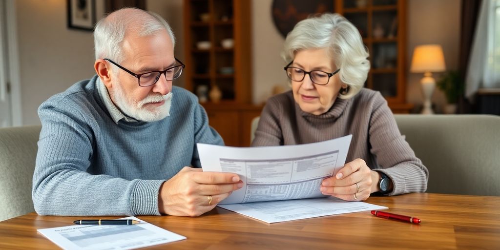 Elderly couple planning healthcare costs together at a table.