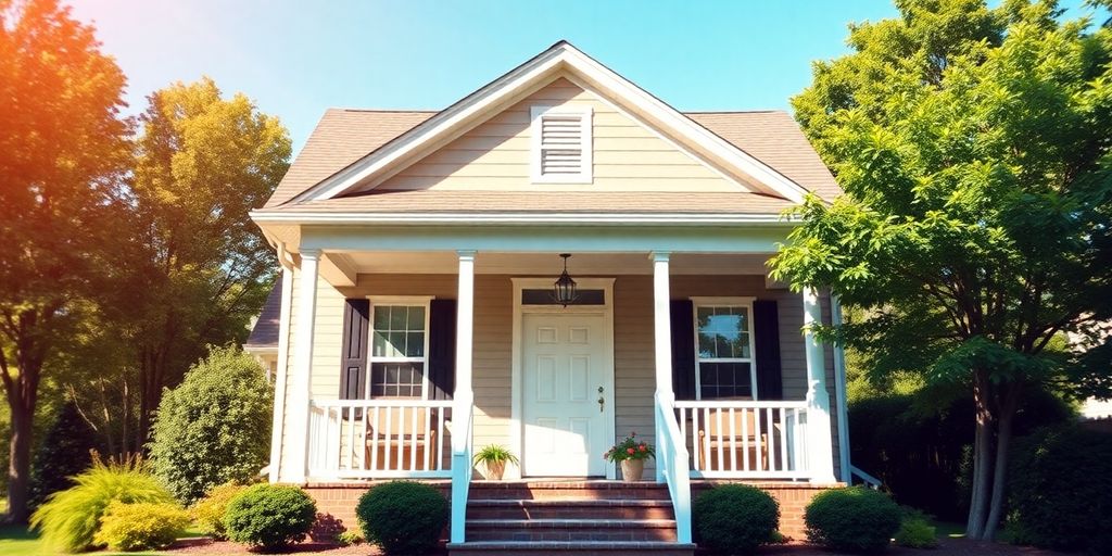 A beautiful house with a green lawn and blue sky.