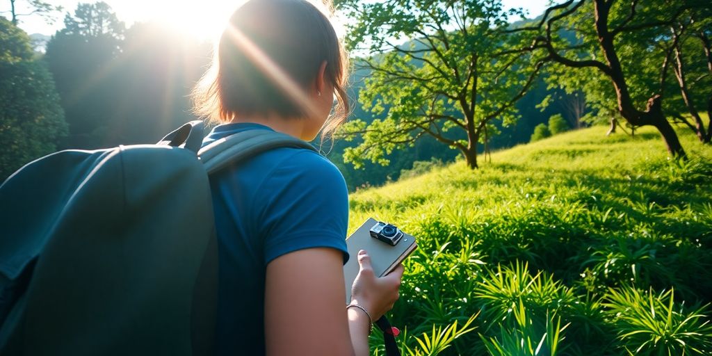 Backpacker in a lush landscape with a travel journal.