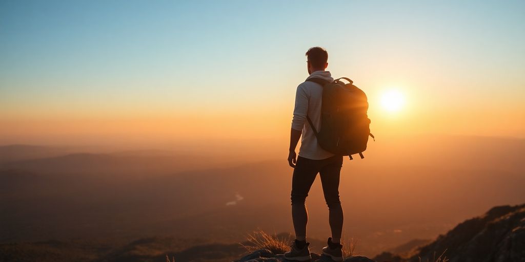 Traveler on a mountain peak during sunset.