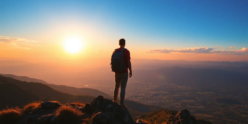 Traveler on mountain peak during sunset, ready for adventure.