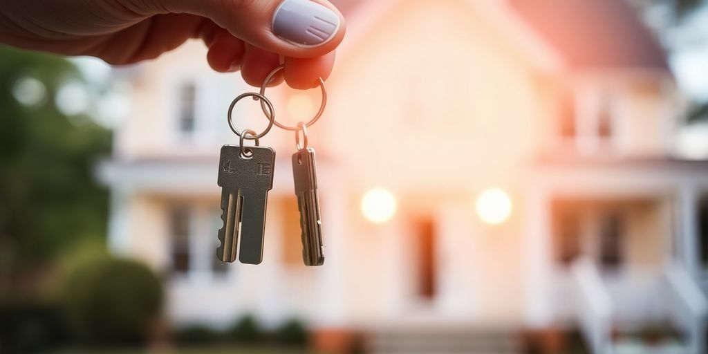 Person holding house key with home in background.