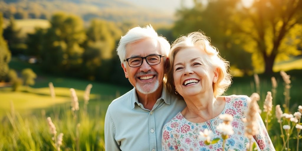 Happy couple enjoying retirement in a beautiful landscape.