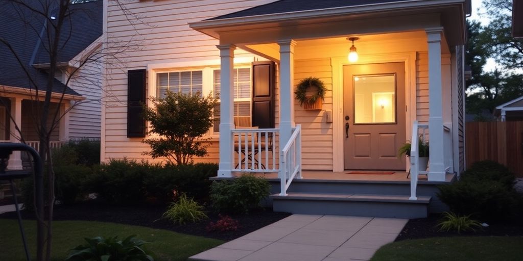 A cozy home with a garden and inviting porch.