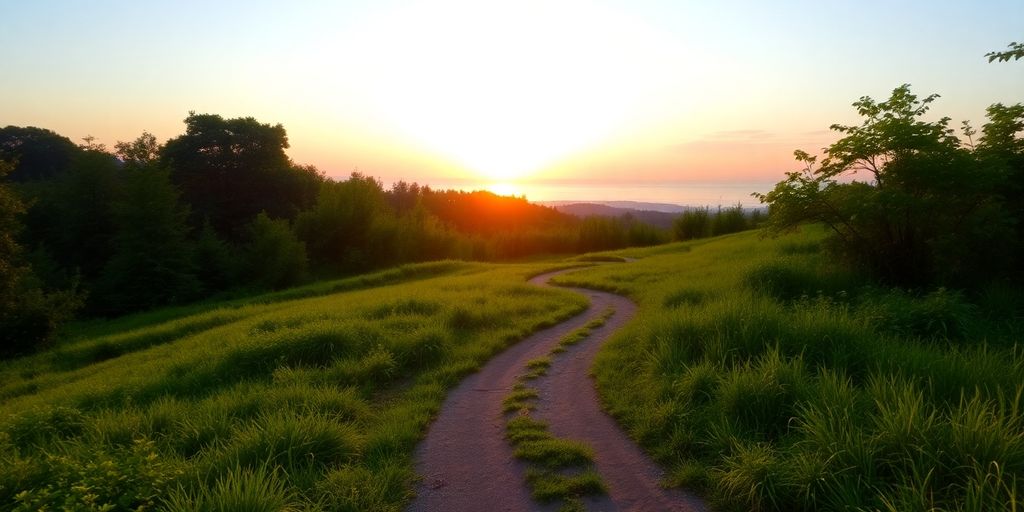 Tranquil landscape with a path and sunset backdrop.