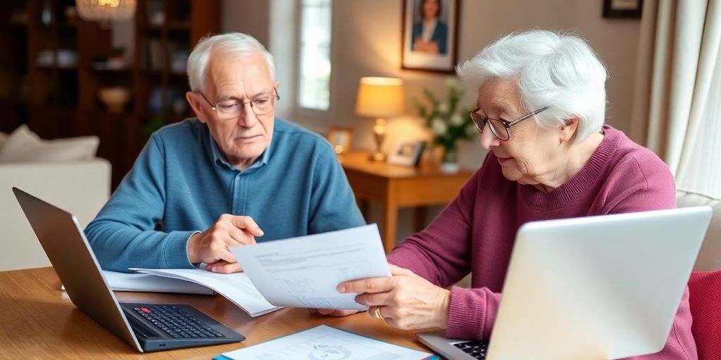 Elderly couple planning finances in a cozy home setting.