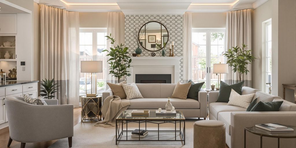 Modern living room with stylish furniture and warm lighting.