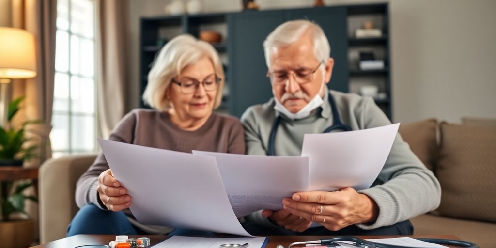 Elderly couple planning healthcare finances together at home.