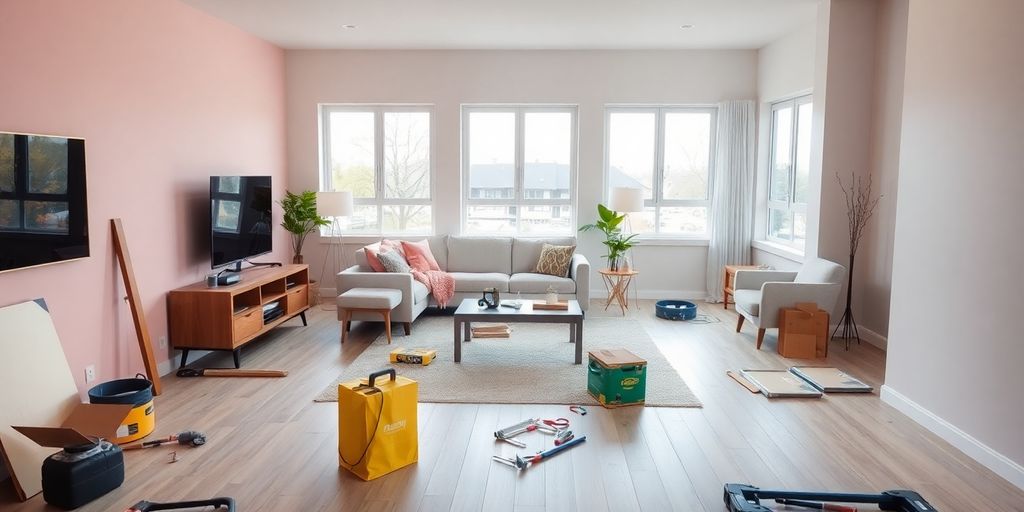 Modern living room renovation with tools and fresh decor.