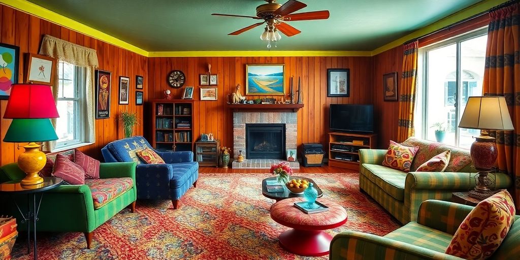 Colorful retro living room with vintage decor and furniture.