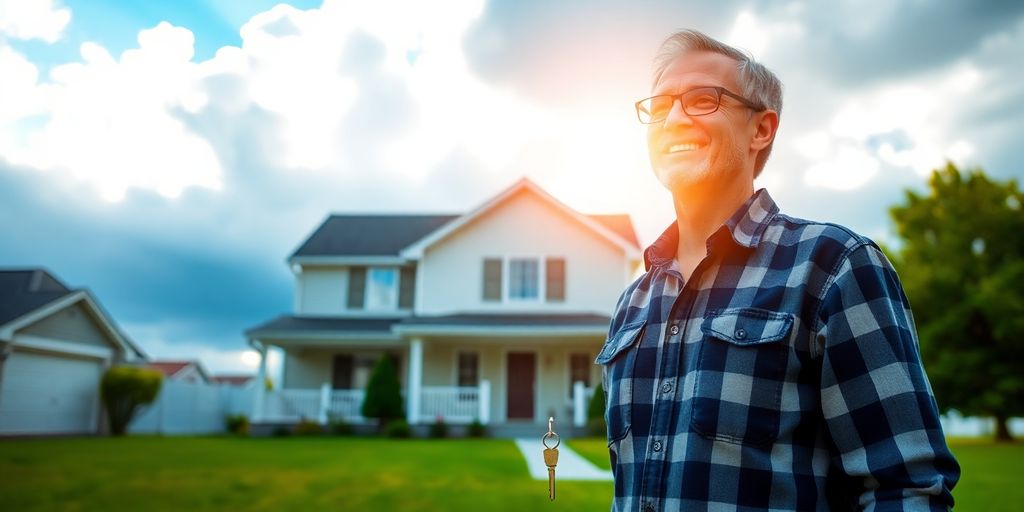 Homeowner with key in front of house under bright sky.