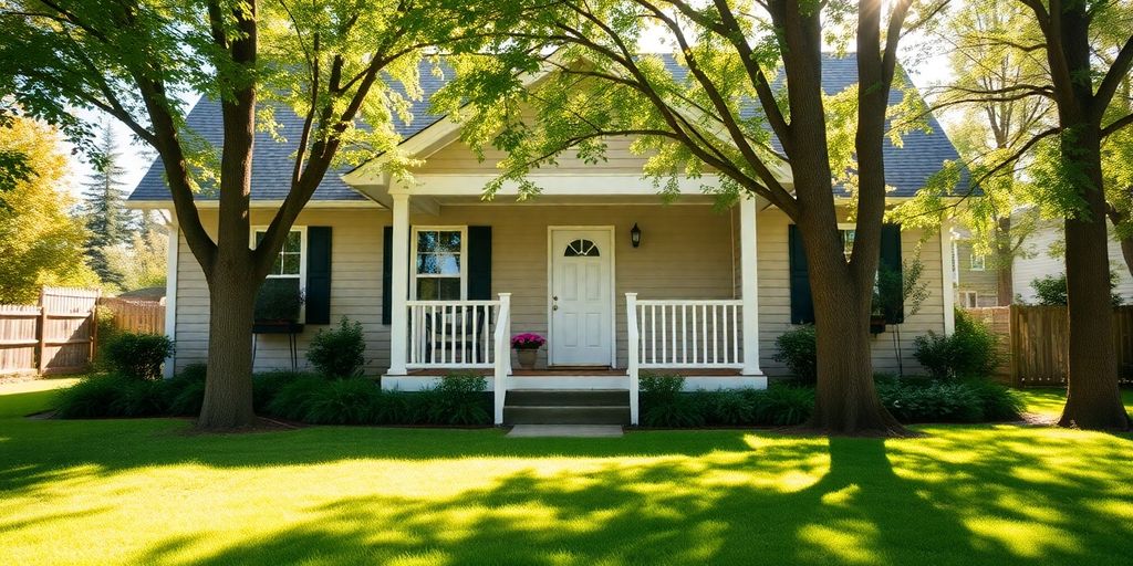 A cozy home with a green lawn and sunlight.